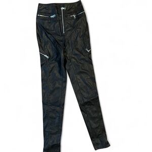 Black Faux Leather Pants with Zipper Details